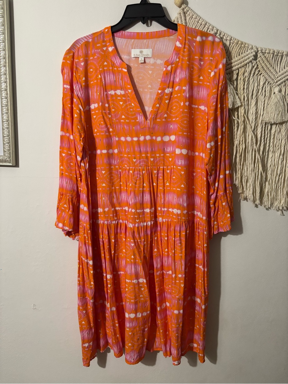 Susan Graver Orange & Pink Printed V-Neck Tiered Dress-Gold Accents